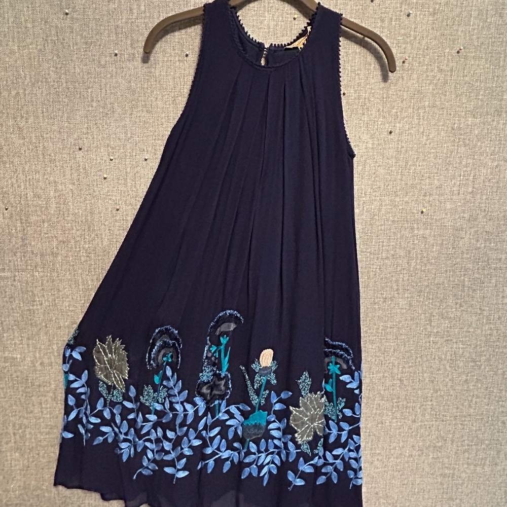 Navy Sleeveless Dress with Blue Embroidery
